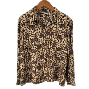 Notations Vintage Leopard Paisley Button-Up Shirt Tan Brown Collared Long Sleeve